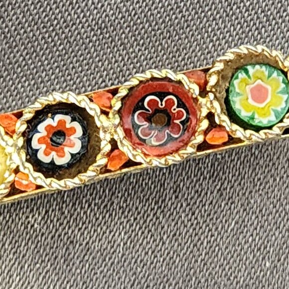 Unsigned Vintage Gold Tone Italian Micro Mosaic Five Link Hinged Floral Bracelet - Picture 8 of 16